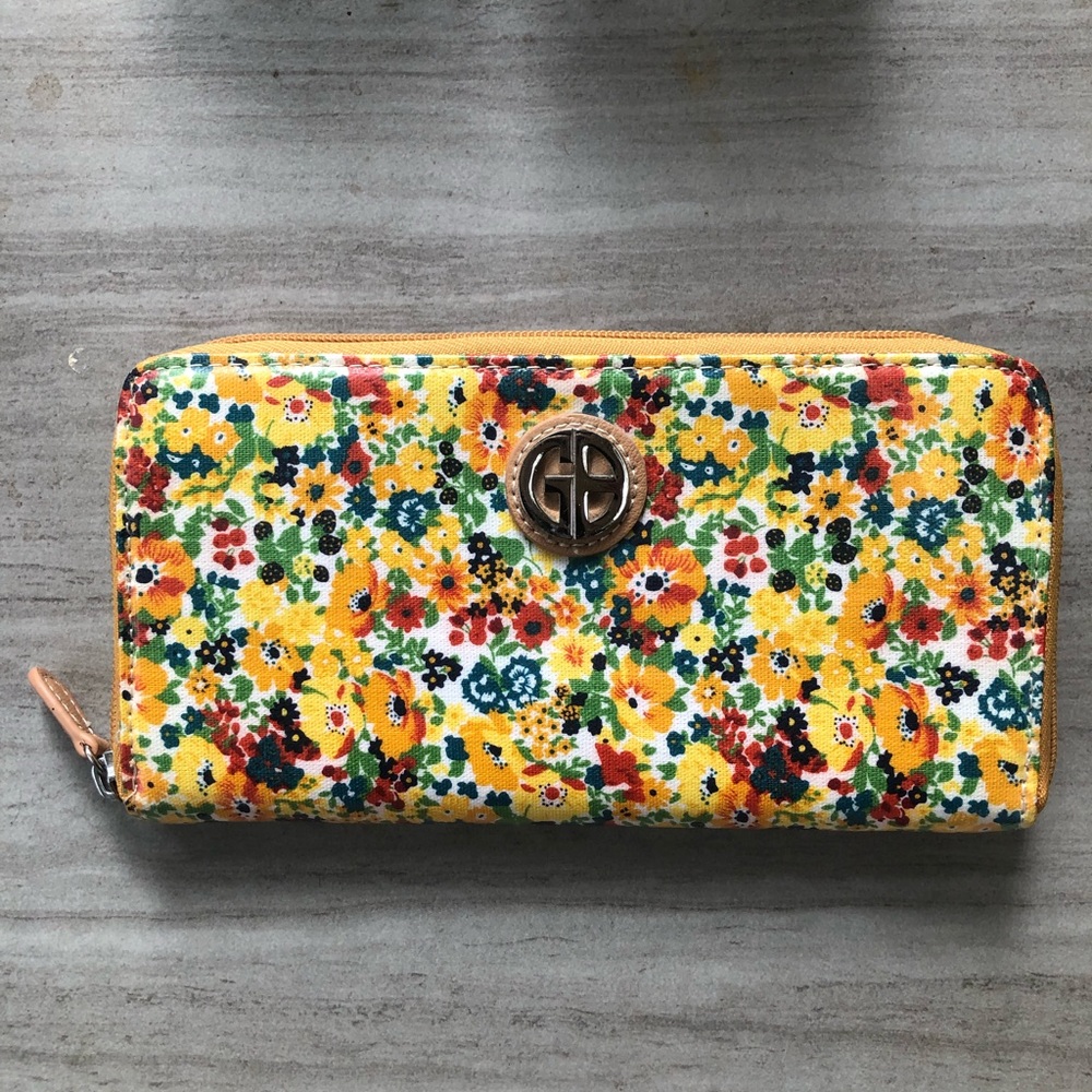 Giani Bernini checkbook wallet in a coated canvas yellow floral